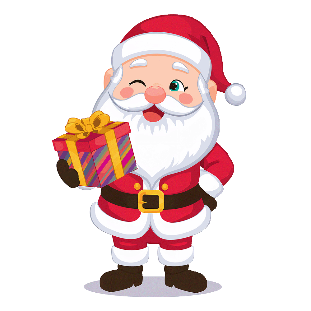 Cute Santa Claus PNG – Holding Gift Box (High-Quality Illustration)