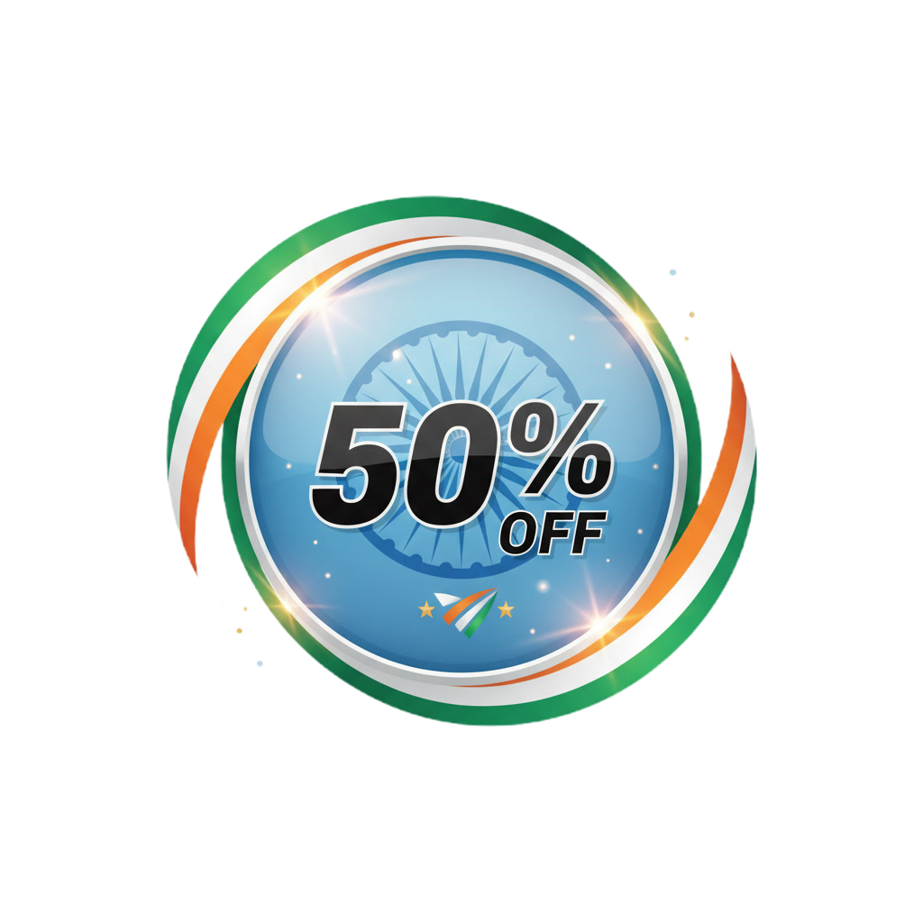 Download Republic Day 50% OFF PNG free. High-quality tricolor discount badge with Ashoka Chakra for festive sale posters, banners, and marketing creatives.