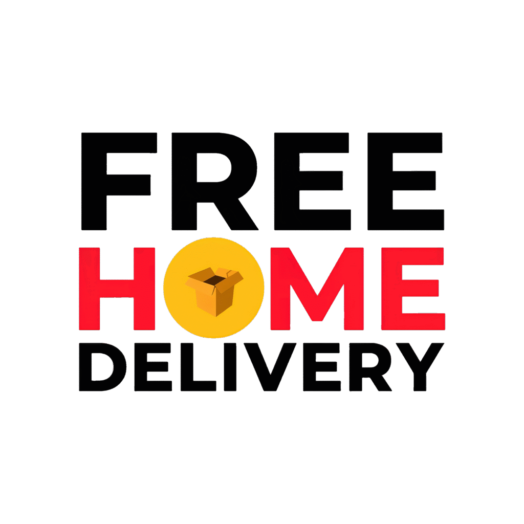 Free Home Delivery logo PNG with bold text and box icon. Transparent background, perfect for ecommerce, food delivery, banners, and promotions.
