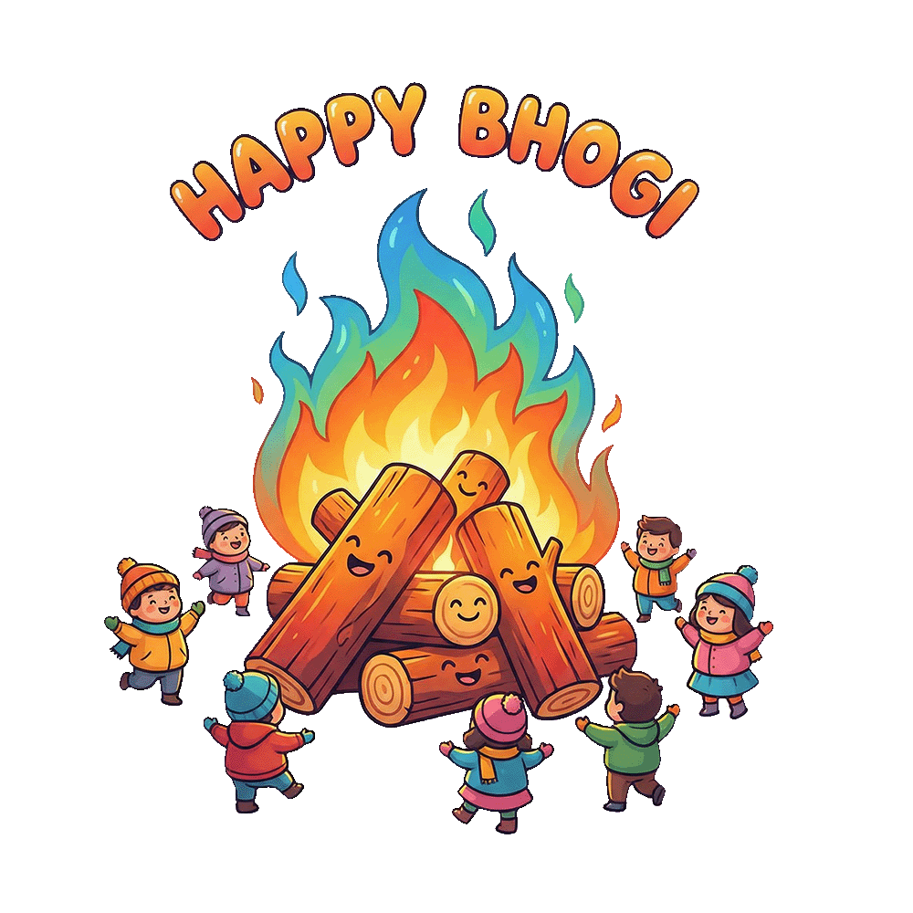 Cute Happy Bhogi cartoon PNG with smiling bonfire logs, colorful flames, and children dancing around the fire — transparent background.