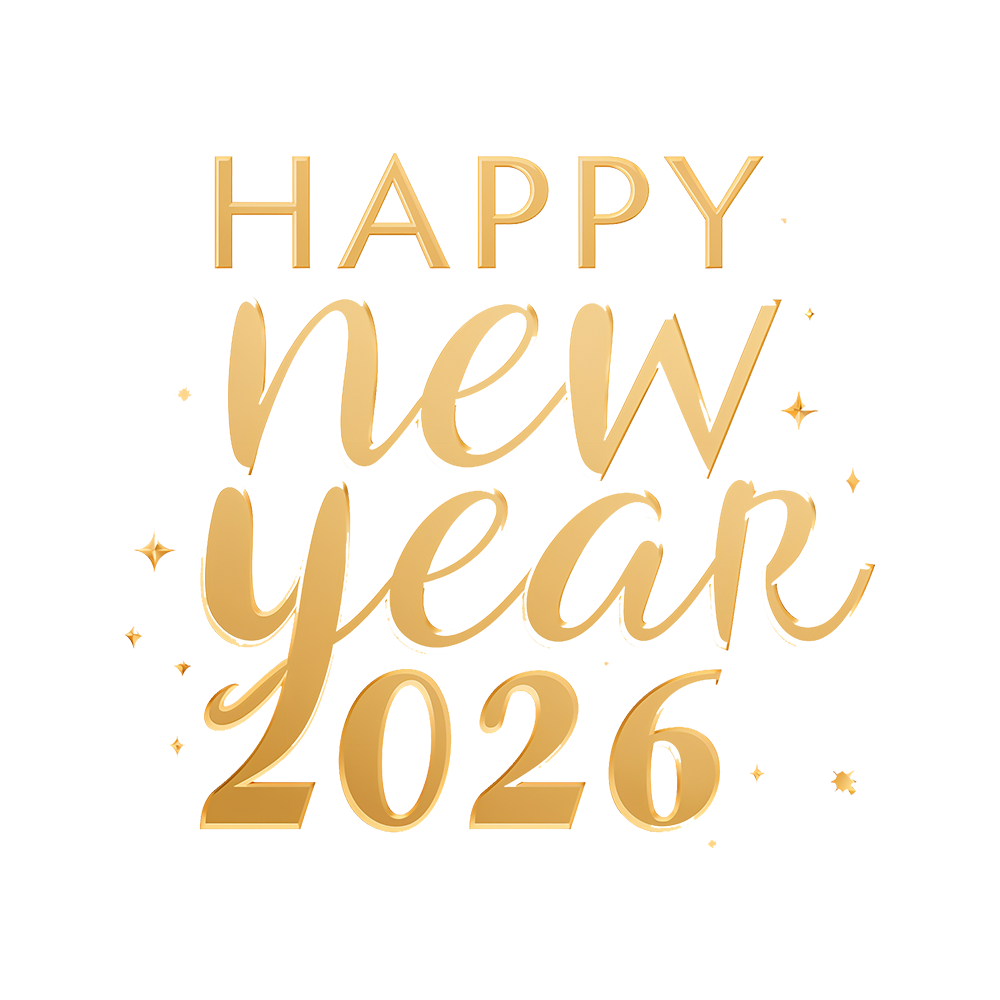 Golden calligraphy text reading “Happy New Year 2026” with elegant brush lettering and subtle sparkle accents on a transparent background.