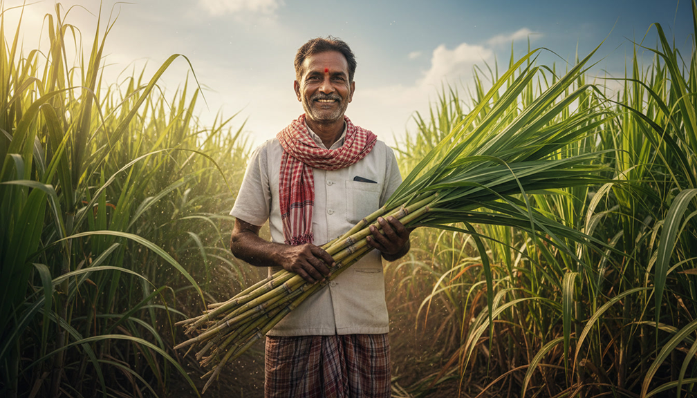 Indian Farmer with Sugarcane Photo