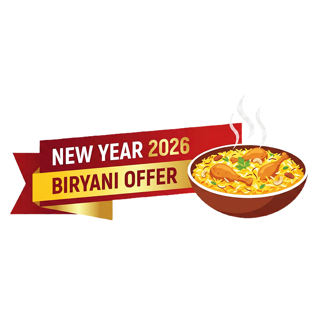 New Year 2026 biryani offer banner PNG with red ribbon text and steaming biryani bowl illustration