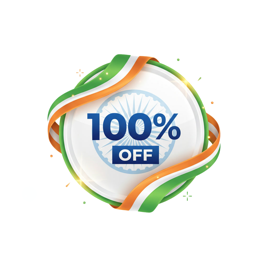 This stunning Republic Day 100% OFF PNG is designed with a clean white background and a premium 3D badge style that instantly grabs attention. Wrapped with smooth tricolor ribbons representing the Indian flag, this PNG is perfect for any Republic Day sale, promotional banner, website header, social media campaign, or e-commerce discount post. The Ashoka Chakra detail in the center adds a patriotic touch while maintaining a modern, minimal promotional look.