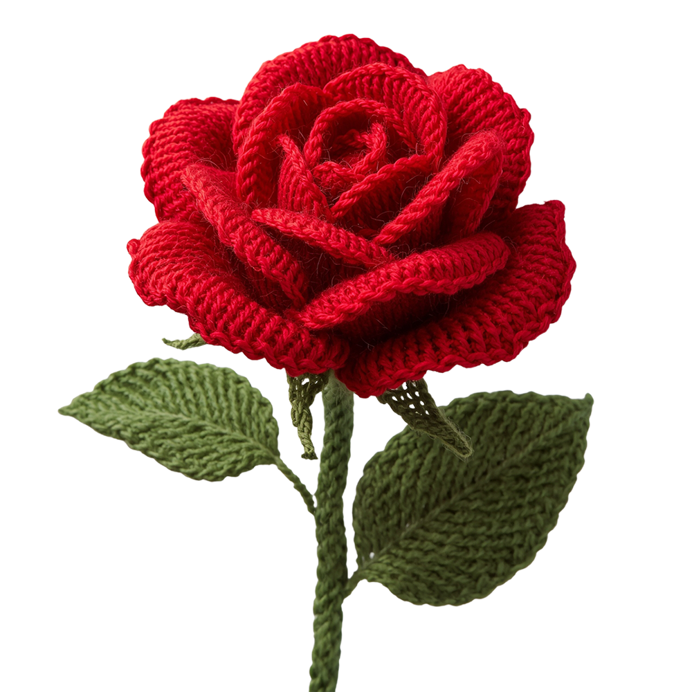 Knitted rose flower PNG with red wool petals and green knitted leaves on a transparent background.
