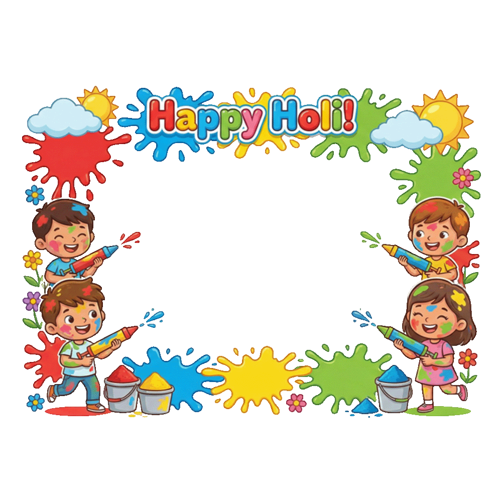 Happy Holi Kids Cartoon Frame PNG