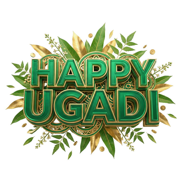 Happy Ugadi 3D Green & Gold Typography PNG