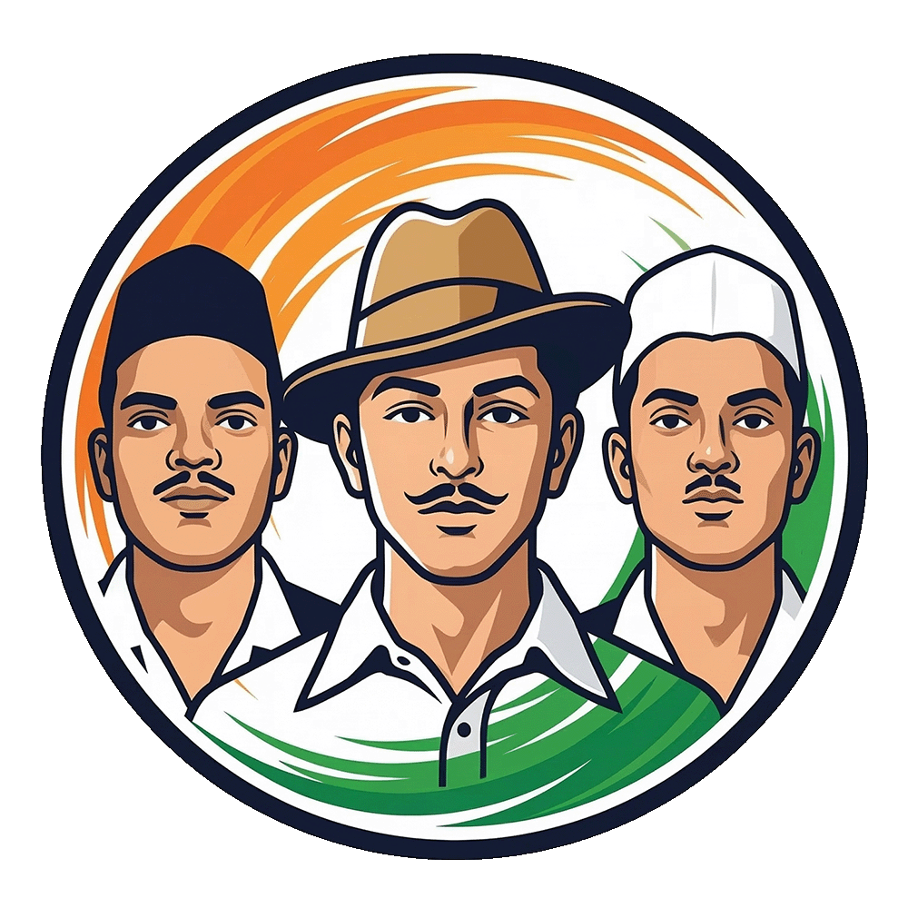 Shaheed Diwas PNG featuring Bhagat Singh, Rajguru, and Sukhdev in a clean circular vector emblem with Indian tricolor background, perfect for tribute posters and patriotic designs.