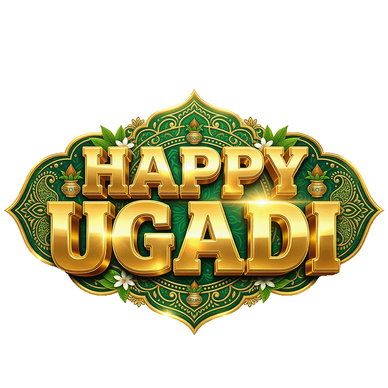 Happy Ugadi Golden Text PNG with Traditional Ornamental Frame