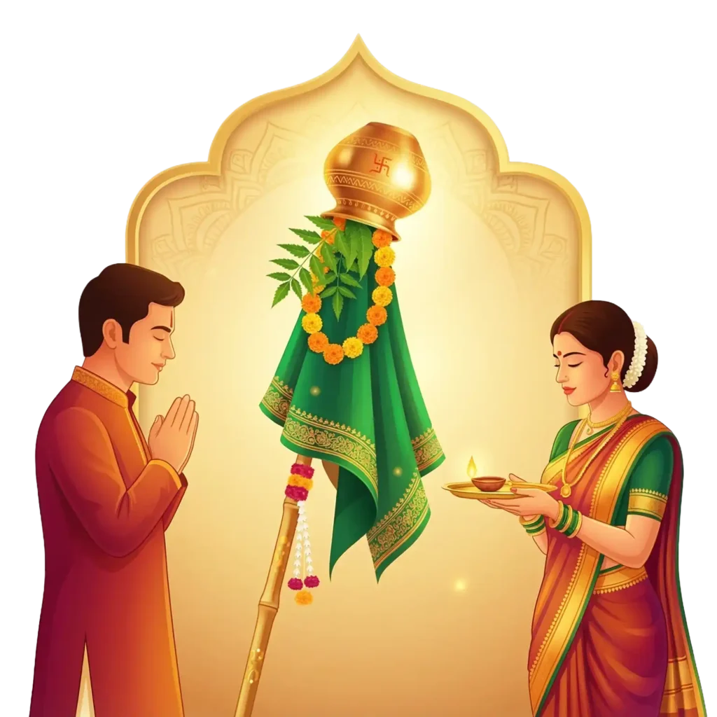 Gudi Padwa Couple Pooja Illustration PNG
