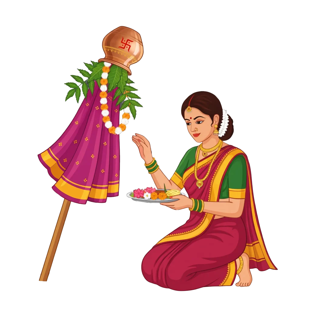 Gudi Padwa Festival Pooja PNG with Woman and Kalash Vector