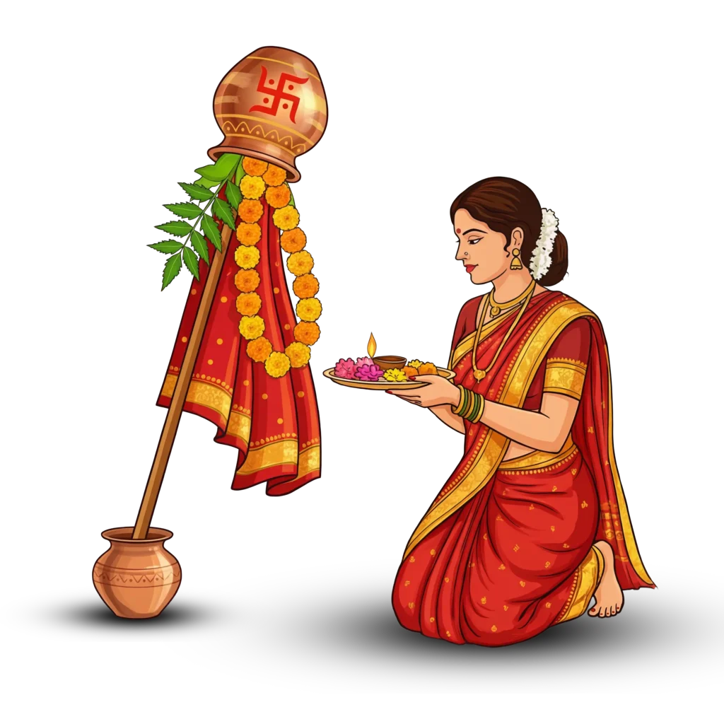 Gudi Padwa Lady Pooja PNG with Traditional Gudi transparent
