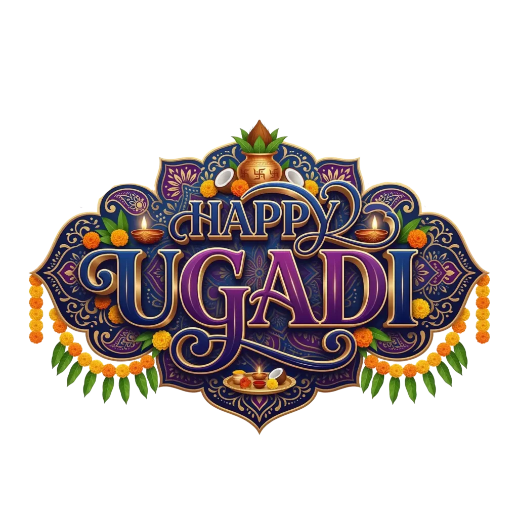 Happy Ugadi Festival Badge PNG with Kalash and Lamps