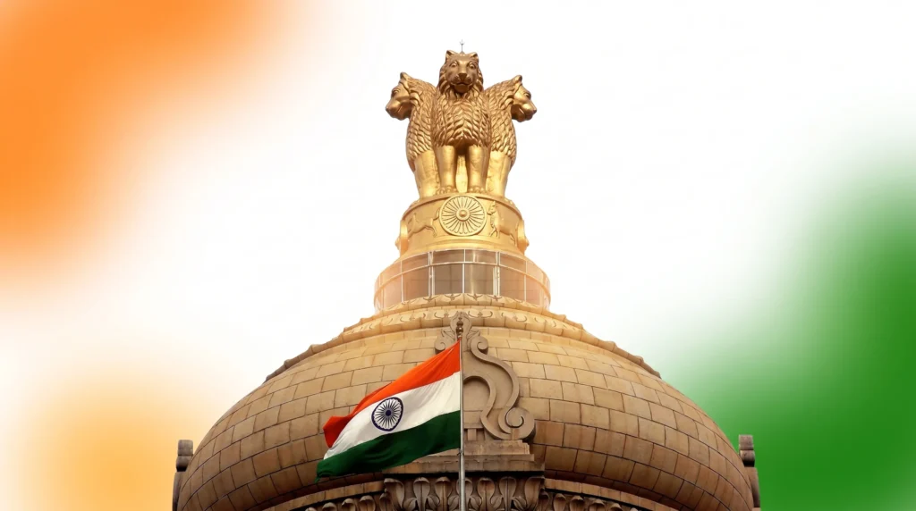 Majestic State Emblem of India with National Flag Backdrop