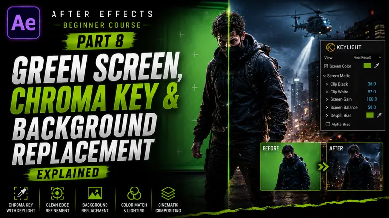 Adobe After Effects Beginner Course Part 8 – Green Screen, Chroma Key & Background Replacement Explained